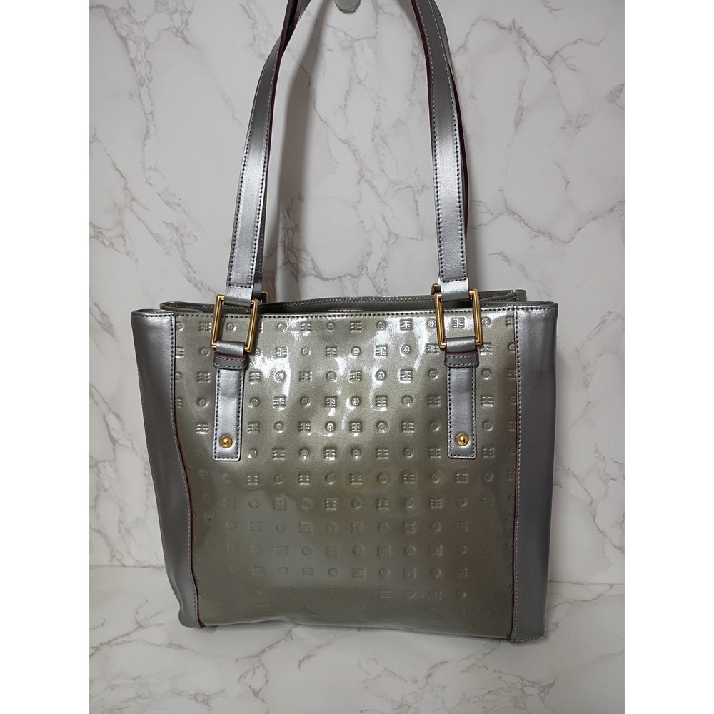 ARCADIA Italian Luxury Embossed Silver Patent Leather Shoulder Tote Bag - EUC